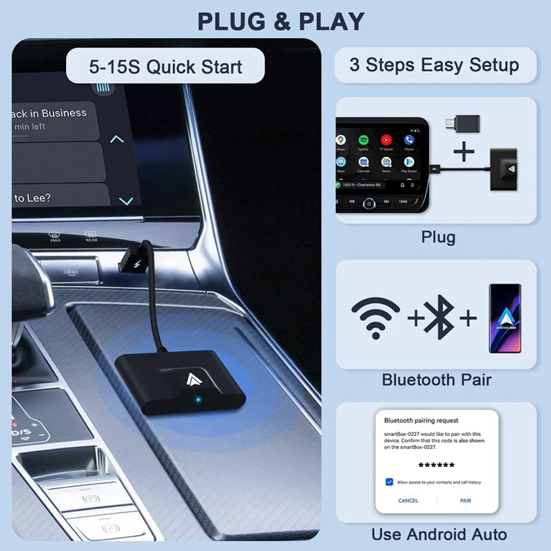 Auto Wireless Adapter For Wired Android Auto Car Plug & Play Easy Setup AA Wireless Android Auto Dongle