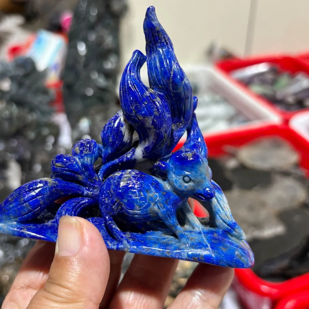 Natural Lapis Lazuli Nine‑Tailed Fox Carving Crystal Fox Statue Mythical Beast Altar Home Decor Spiritual Collectible Gift