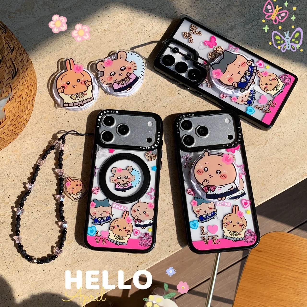 

Cute Usagi Hachiware Acrylic Phone Charm Black Bead Chain Kawaii Anime Character Pendant Magnet Stand Accessory Gift for Girls