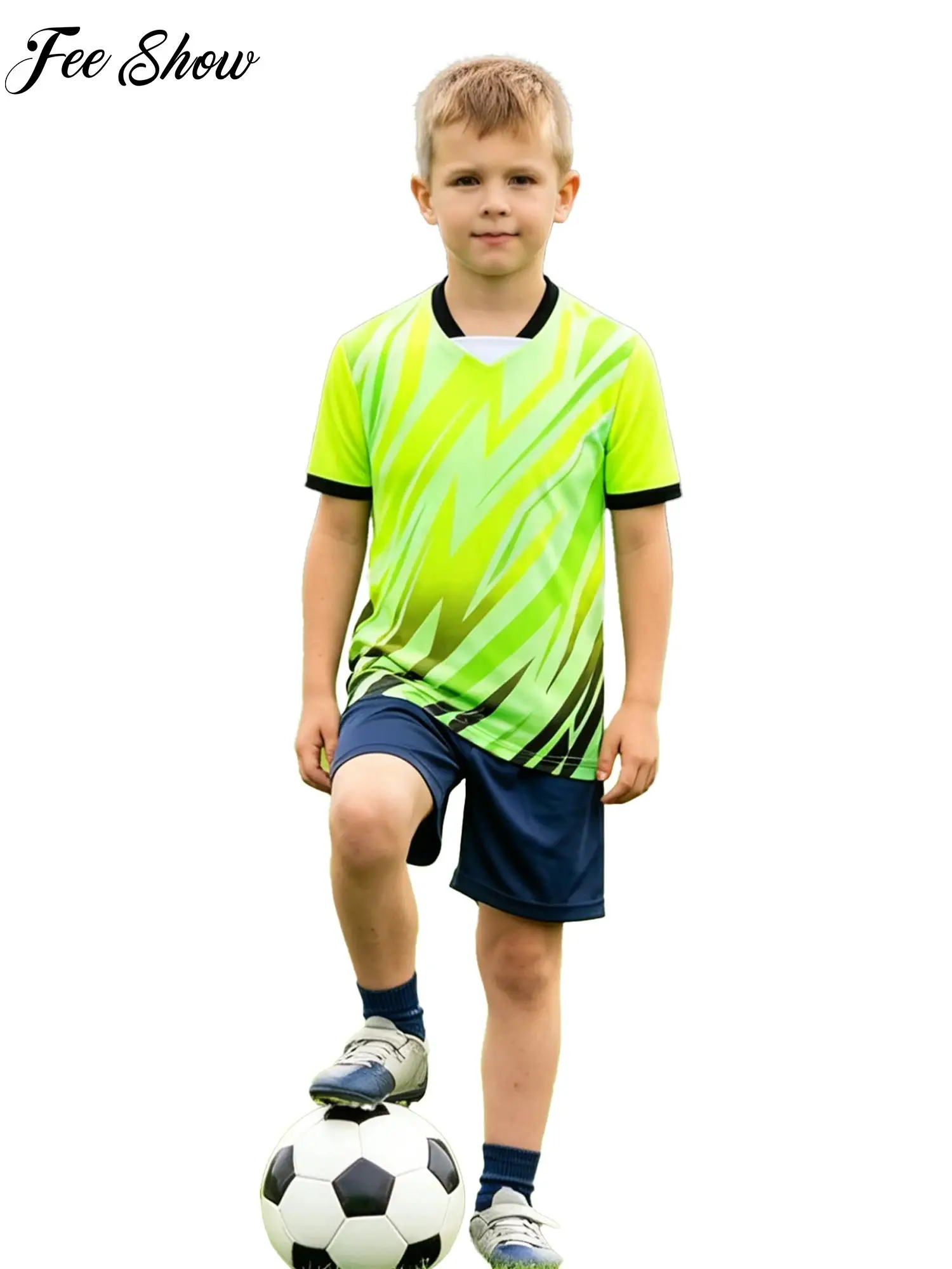 Kids Boys Stylish Printed Football Jersey Short-sleeve Quick Dry Sports Shirt for Basketball Soccer Match Training