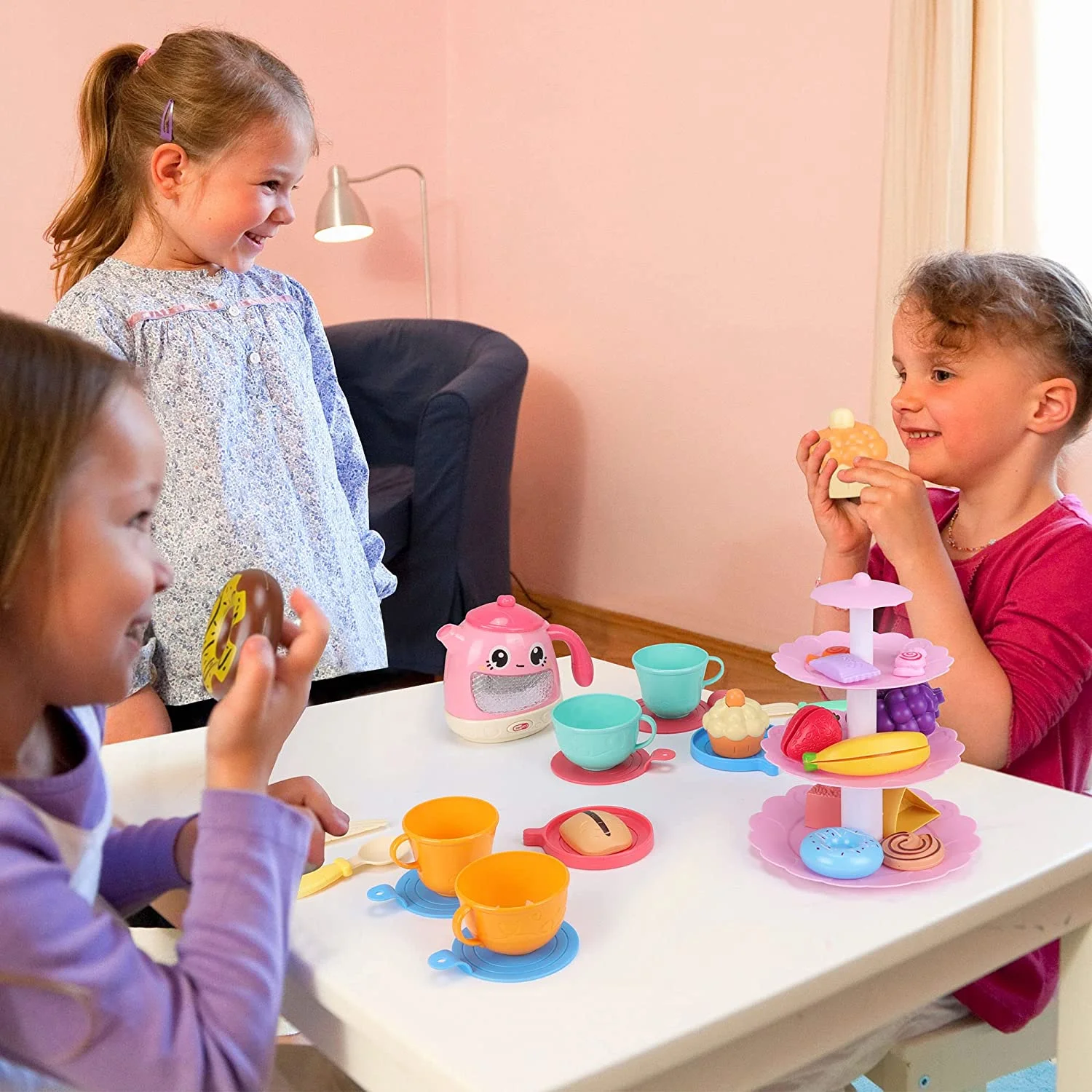 48 PCS Tea Set for Little Girls,For Toddlers Including Kettle with Music & Light, Cookies