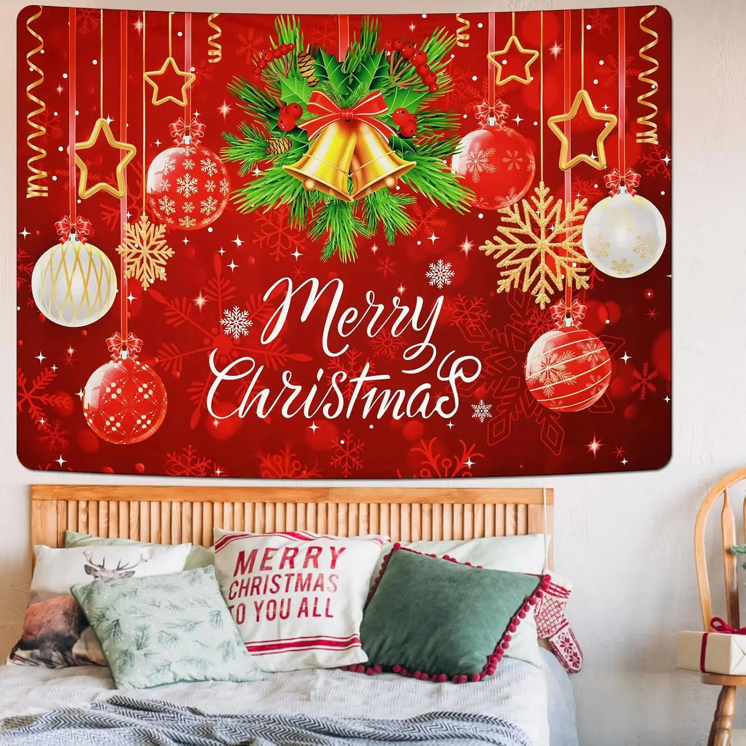 Merry Christmas Tapestry Red Xmas Bell Tapestries Christmas Balls Tapestry Sparkle Snowflakes Mistletoe Wall Hanging for Room