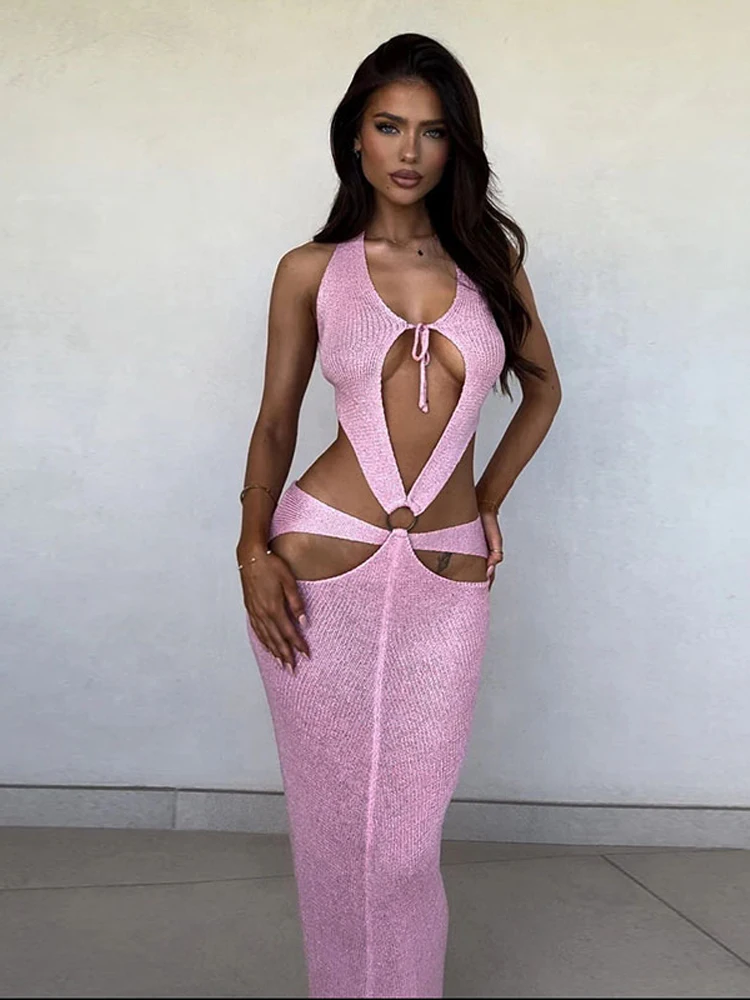 فستان منسوج برقبة معلقة مفرغة للنساء برباط بلون سادة بدون أكمام فساتين طويلة أنيقة بدون ظهر لقضاء عطلة الشاطئ رداء نسائي