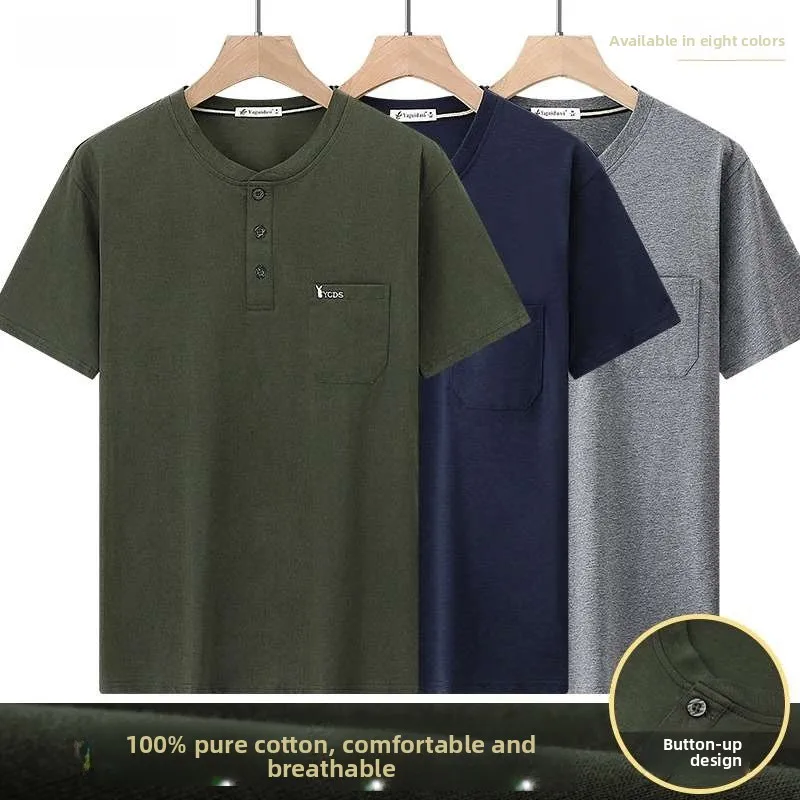 Mens Middleaged Monk Collar Short Sleeve Tshirt Dads Casual Cotton Pure Color Spring Fashion Basic Vest Top