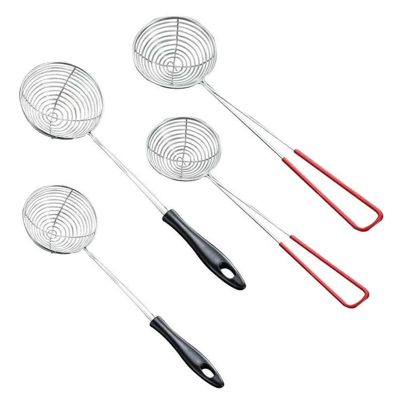 4 Pcs Wire Skimmer Strainer,Stainless Steel Skimmer Spoon,Mesh Colander With Long Handle For Hot Pot And Soup (2 Style)