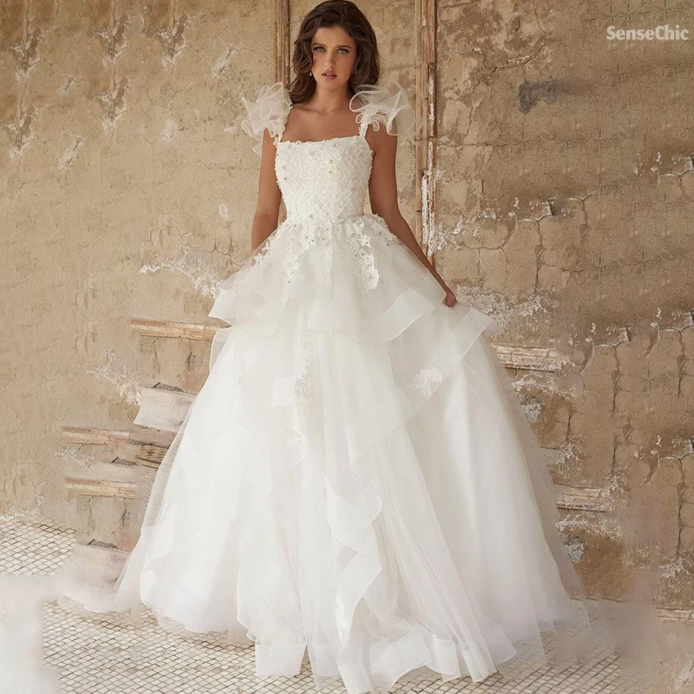

Elegant Tulle Wedding Dresses Ruffles Spagehetti Strap 웨딩드레스 Shining Vestidos De Novia Bride Gowns for Brides Customized