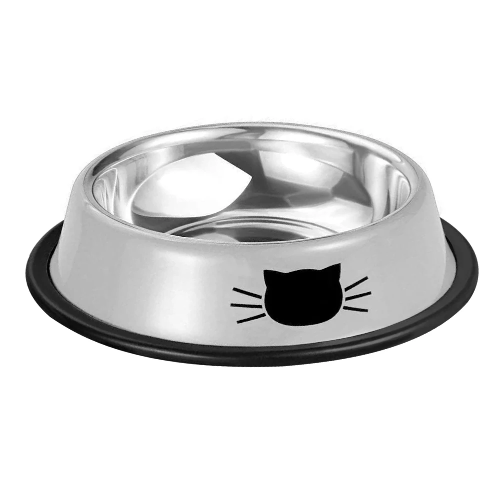 Gray Cat Head Statue Stainless Steel Bowl Pet Bowl Non Slippery Durable Pet Supplies -1 piece