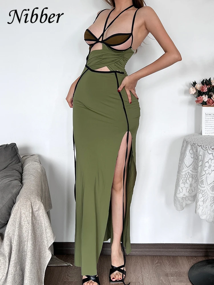 Nibber Hollow Halter Dress Women Summer Sexy Slit Irregular Trend Cross Bandage Patchwork Tassel Hem Elegant Clubwear Bodycon