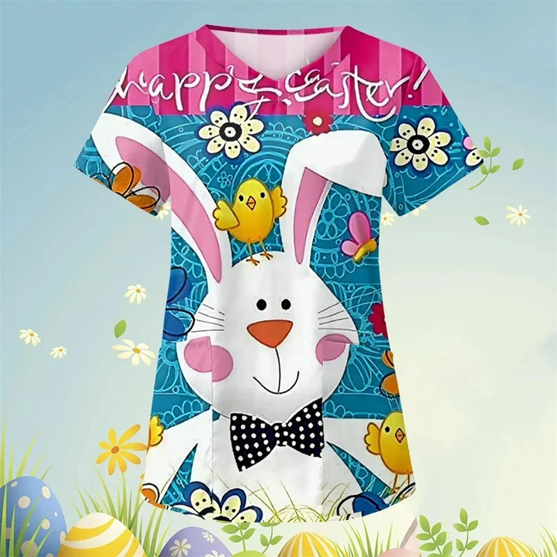 High-quality women's cartoon rabbit print short-sleeve medical workwear Designed for professional use in dental clinics