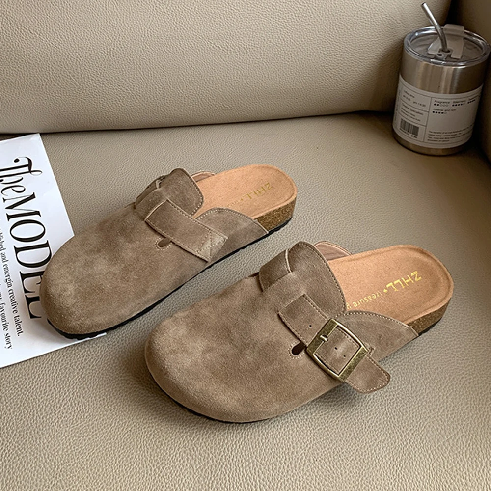Fashion Women's Suede Mules Slippers Clogs Cork Insole Sandals With Arch Support Outdoor Beach Slides Home Shoes