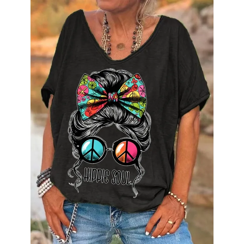 ilstile Women's Hippie Soul  Print T-Shirts Summer Holiday Beach Short Sleeve T Shirt Casual Loose V Neck Tops Tees Blue Green