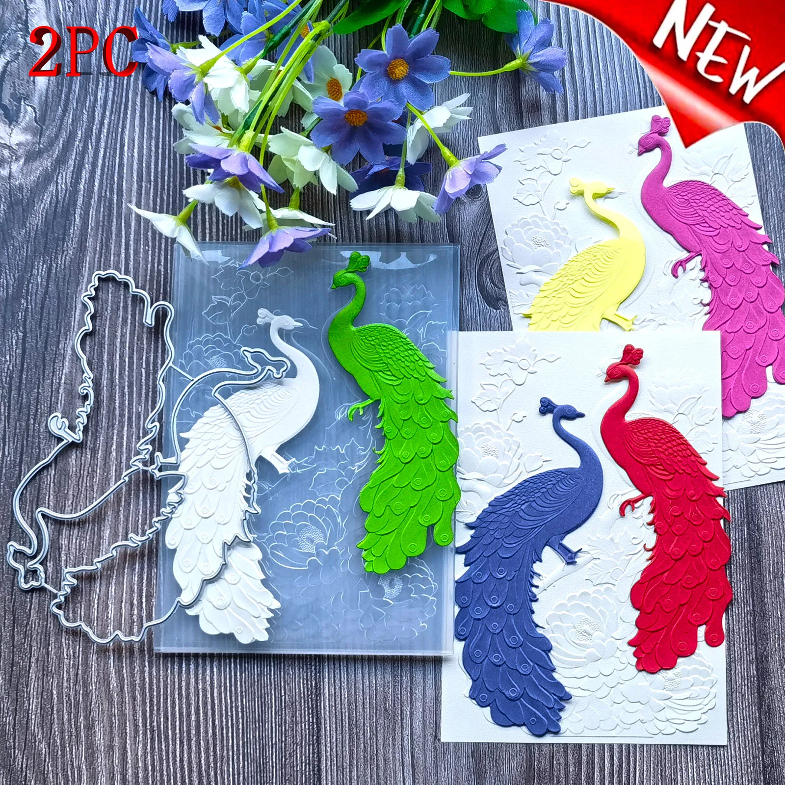Tiefe Liebe zwischen Blumen und Vögeln, Pfauenflattern, Rückwanddesign, 3D-Reliefordner und Schneidform, 2-teiliges Set, gebraucht