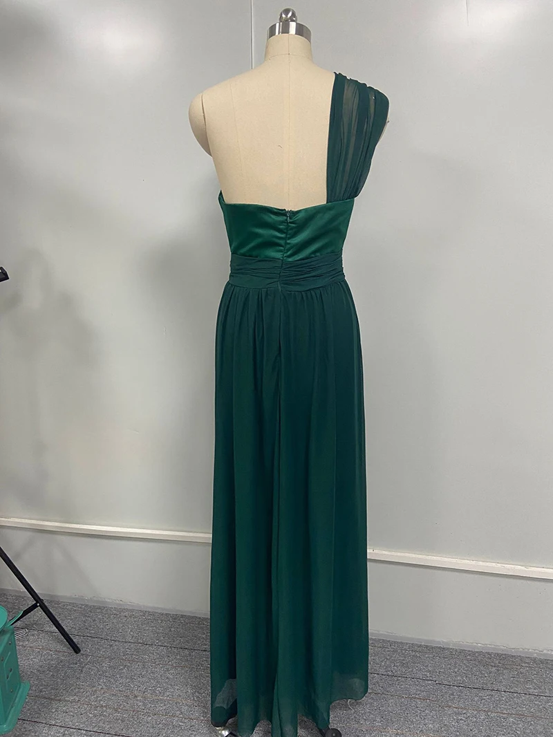 Sexy Women Green Satin Patchwork One Shoulder Prom Dresses Fashion Sleeveless Evening Dresses Backless High Split Vestidos Robes