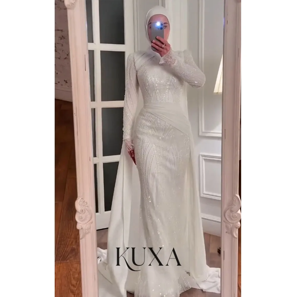 KUXA Customized Beading Muslim Elegant Wedding Dresses High Collar Long Sleeves Hijab Mermaid Bridal Gowns 2026 Robe De Mariée