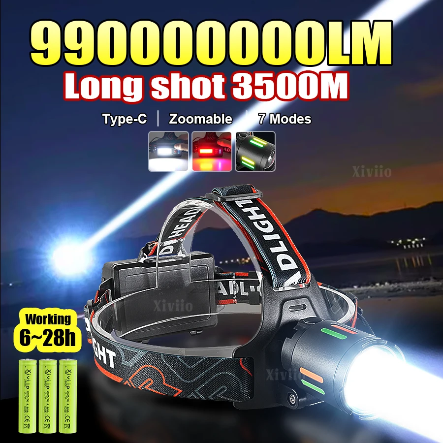 990000000LM High Power LED Headlamp Ultra Bright Headlight 18650 Rechargeable Long Range 3500m Camping Fishing Head Flashlight
