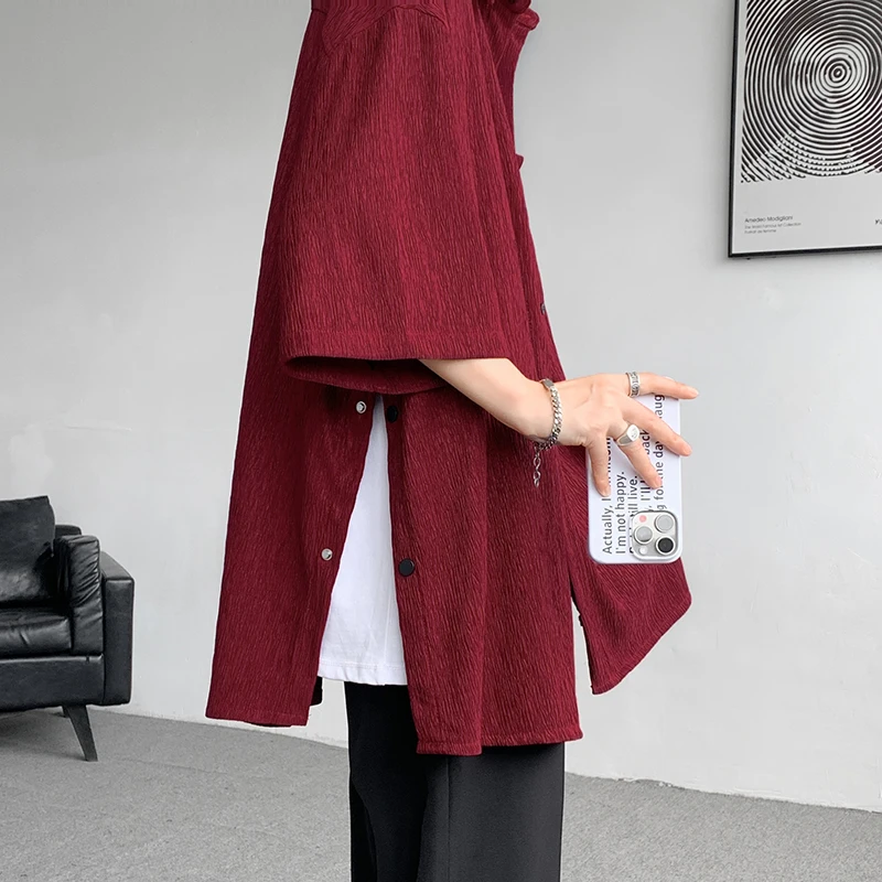 

Wine Red Side Buttons Pleated Shirt Black Apricot Harajuku Button Up Korean Short Sleeve Aesthetic Male Shirts Men Blouse