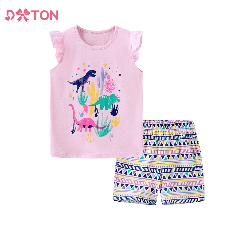 

DXTON 2-piece Summer Children's Casual Set Sleeveless Tops & Shorts Dinosaur T-shirts Pants Plaid Girls Daily Outdoor Wear 2-7Y