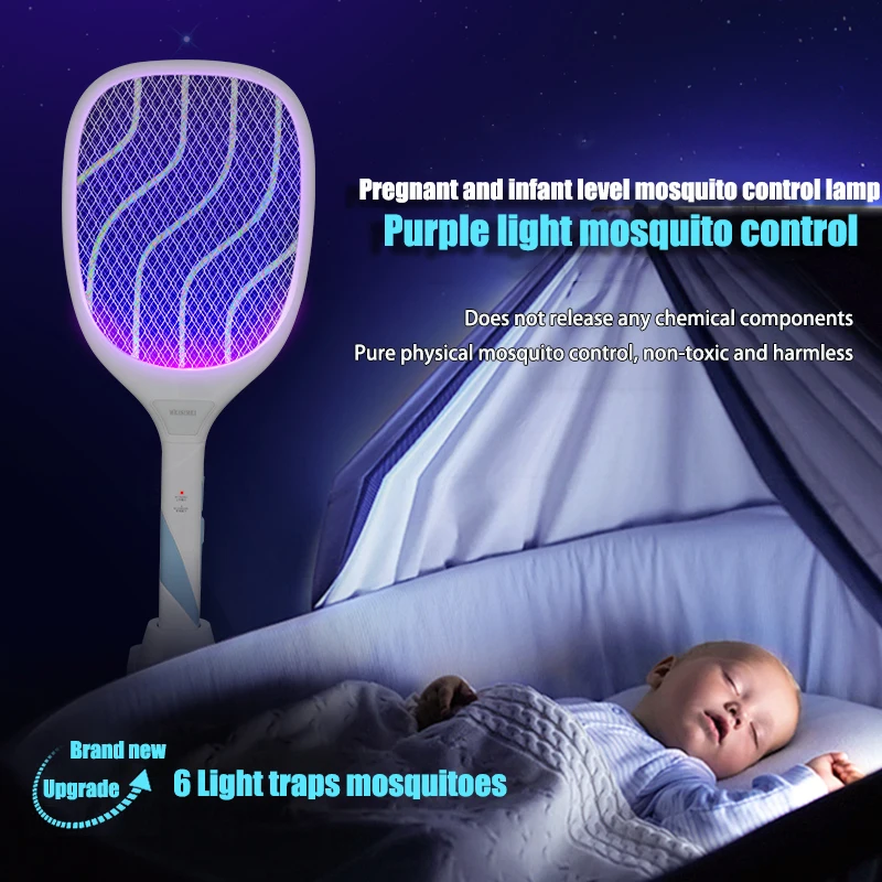 Electric Mosquito Swatter, Mosquito Killing Lamp, Battery Can Be Replaced by Oneself, USB Charging Cable and Base, Dual Use