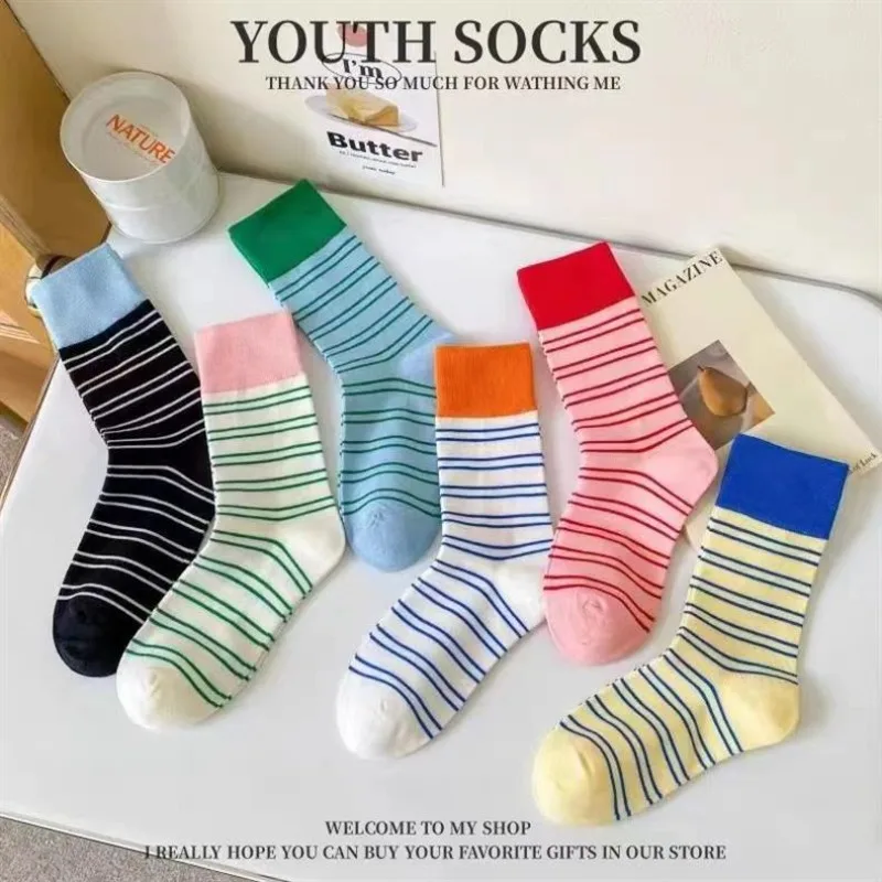 6 Pairs High Socks Women Mid Tube Socks Set Summer Breathable Casual Multi-colored Striped Spring and Autumn Mid-calf Socks Girl