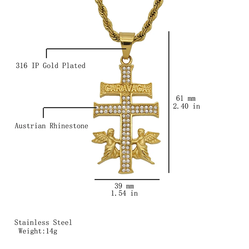 Hip Hop Bling Iced Out Stainless Steel Catholic Caravaca Crucifix Cross Necklace for Man Cherub Angel Pendant Christian Gift