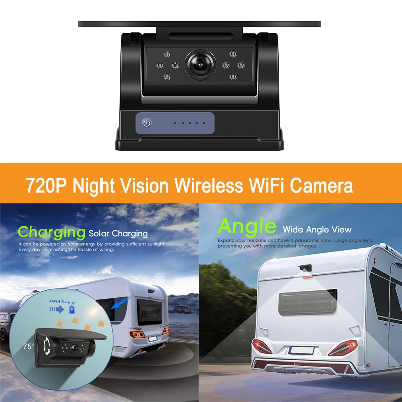 

Universal HD 720P WIFI Camera For RV Caravan Car Night Vision Reversing Camera IP67 Waterproof Wireless Magnetic Solar Charging