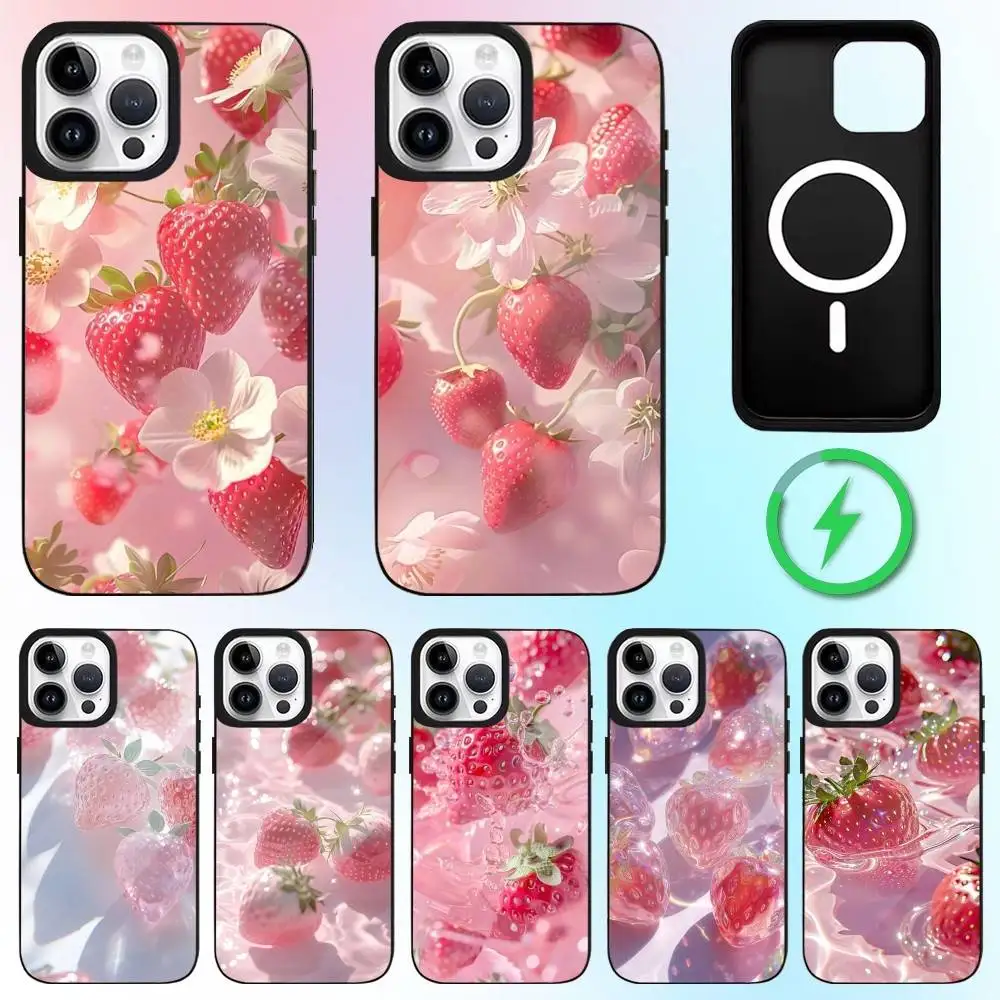 

Pink Cute Fruit Strawberry Phone Case For iPhone17,16,15,14,13,12,11 Plus,Pro Max Magnetic Magsafe Wireless Charging