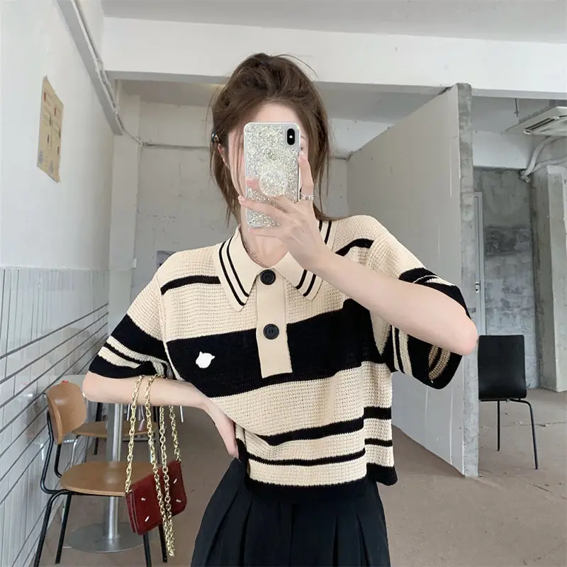 Office Lady Knitting Short Sleeve Shirts Ladies Fashion Striped Tops Summer Temperament Blouses All-match 2024 Women\'s Clothing