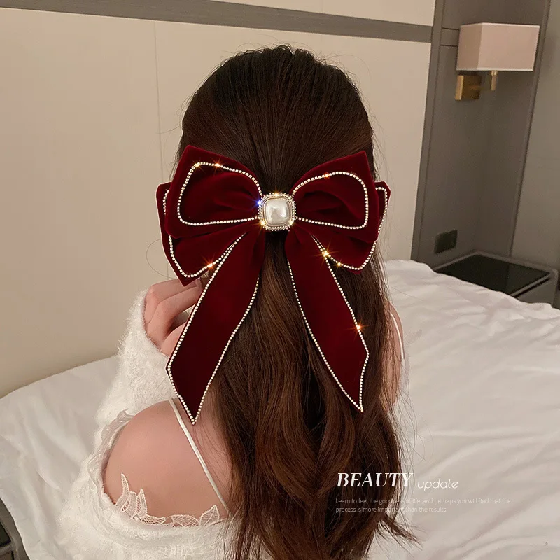 Korean Velvet Bow Hair Pins Fabric Rhinestone Pearl Hair Clips for Women Luxulry Jewelry Spring Clip Gils Hair Accessories