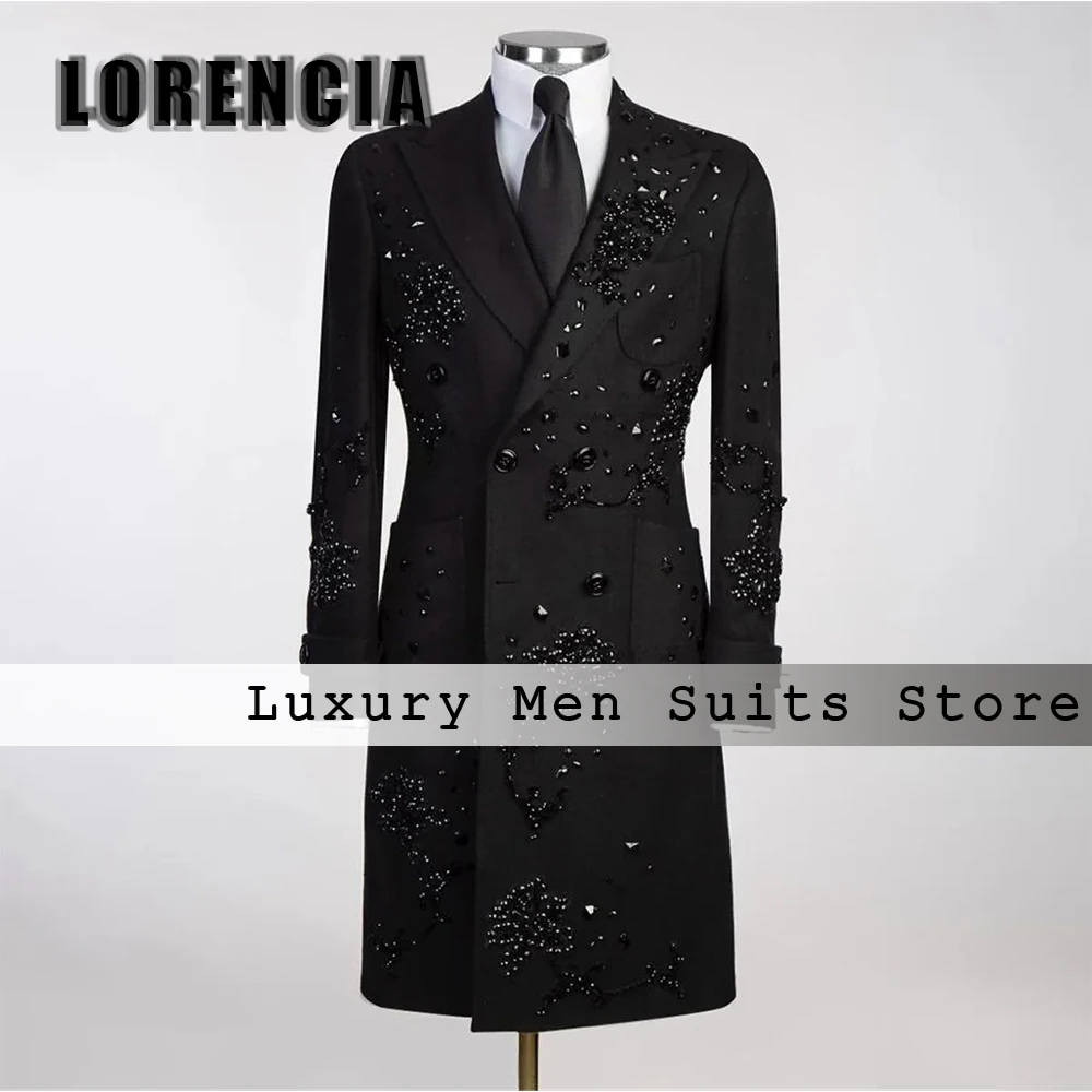 

Peak Label Men Coat Double Breasted Jacket Glitter Rhinestone Long Blazer for Male Wedding Party Overcoat Customized ropa hombre