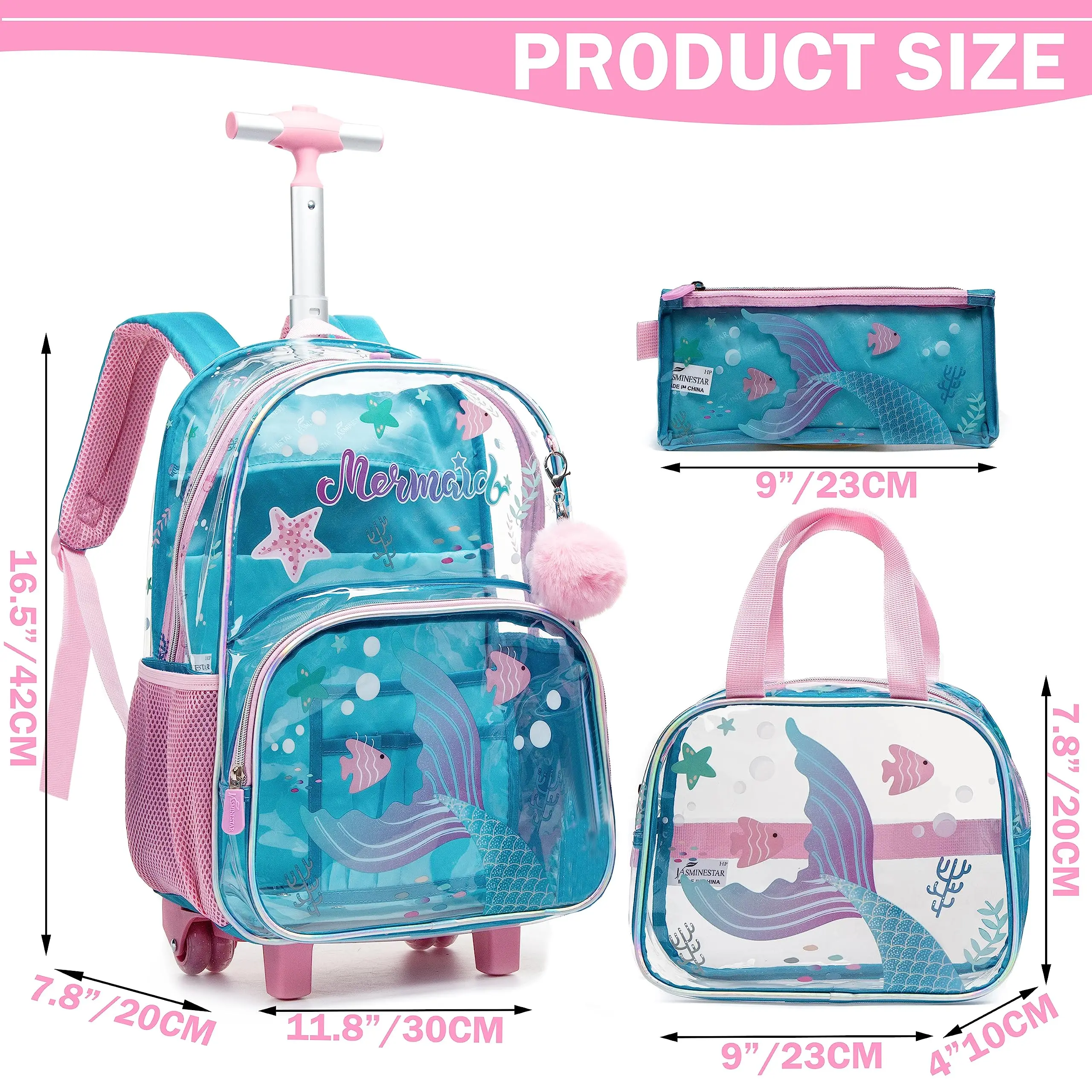 Mermaid Rolling Backpack for Girls Backpack with Wheels for Elementary Kindergarten Roller Backpack on Wheels with Lunch Box