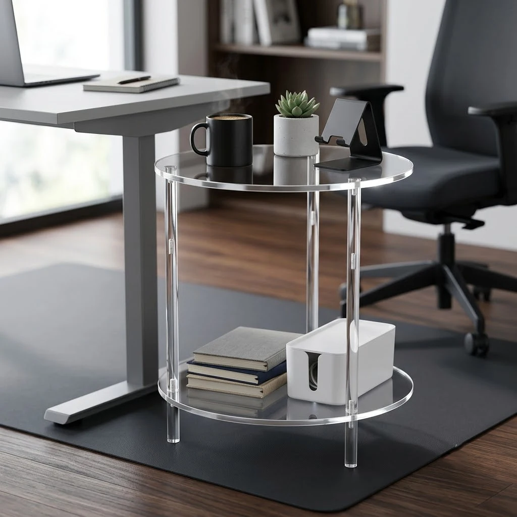 

Clear Acrylic Side Table, 27.6in Tall 2 Tier Round End Table with Storage Shelf, 5mm Thick Modern Accent Table for Living Room Sofa Couch Bedroom Nightstand Small Spaces