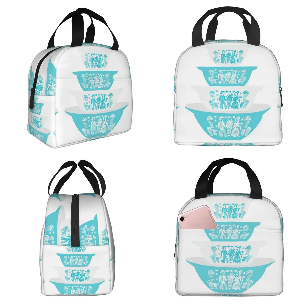 

Винтажная термосумка для обедов Pyrex Butterprint Turquoise с набором стаканов-контейнеров, изолированная сумка-холодильник для женщин, офисная термосумка для еды, ланч-бокс
