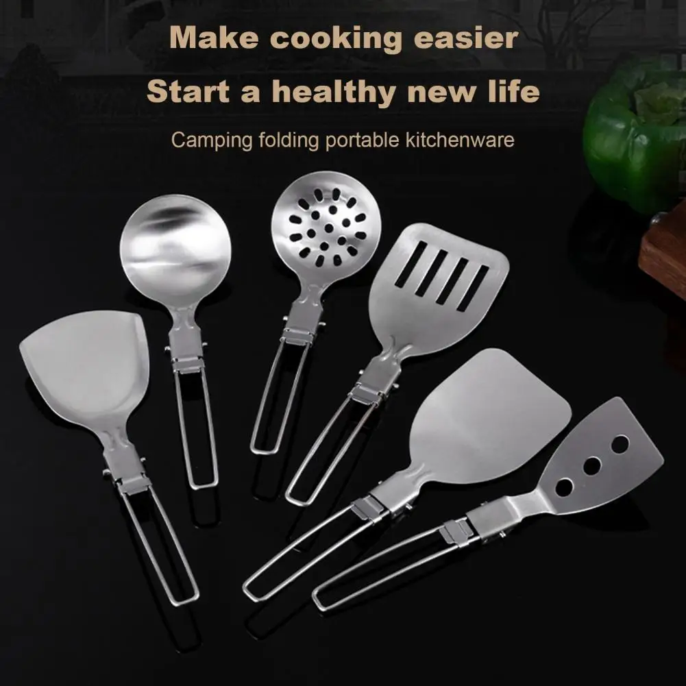 Stainless Steel Camping Spatula Stainless Steel Camping Cooking Utensil Set Heat-resistant Non-stick Foldable Handle Tools