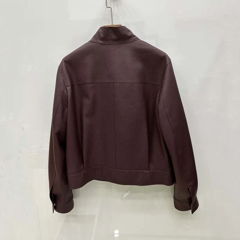 سترة نسائية جديدة للربيع والخريف من الجلد الطبيعي بنمط ليتشي من جلد الغنم عالية الجودة وطول قصير وجيب كبير #3