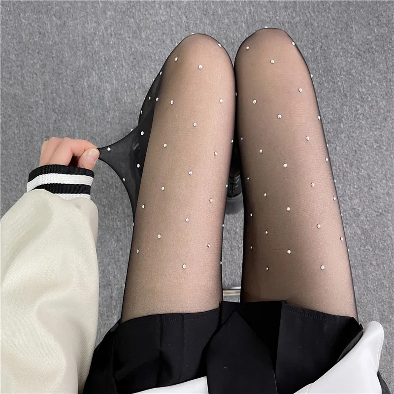 Sparkle Rhinestone Star Tights Fashion High Waist Sheer Mesh Footed Pantyhose Women Slim Fit Soft Silk Stockings Tights