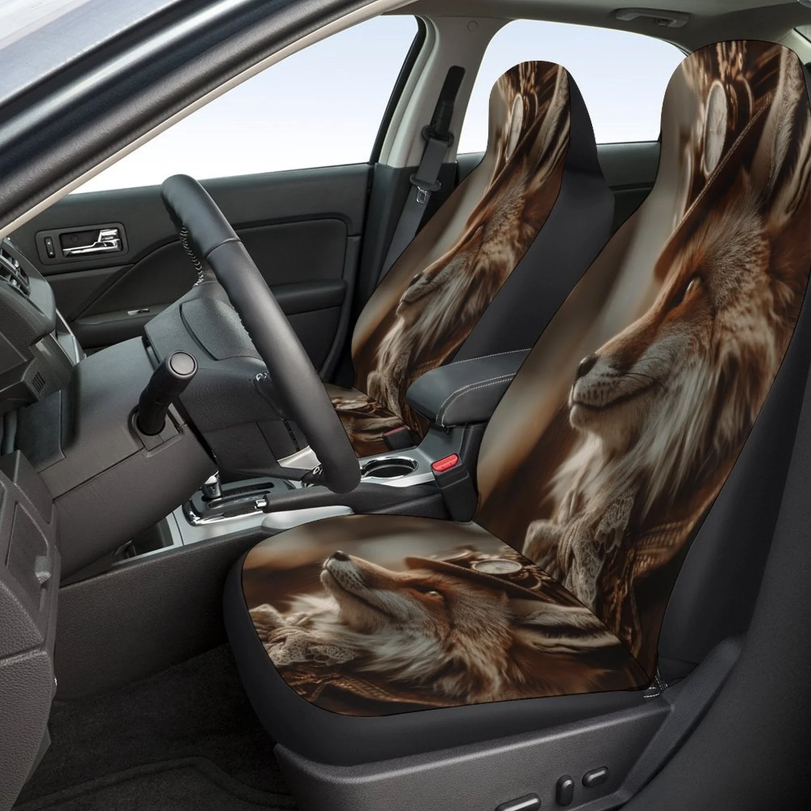 Set Of Car Seat Covers Featuring A Fox Steampunk Portrait, Suitable For Various Vehicles. Stylish And Durable, This Complete Set