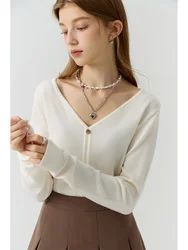 FSLE-suéter informal elegante y acogedor con cuello en V para mujer, camisa de fondo de Color sólido que combina con todo, otoño 2023