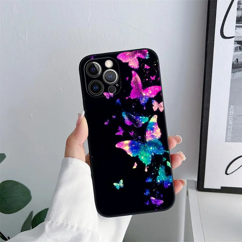 Butterfly Love Black Phone Case for iPhone 11 15 16 Pro Max Case Coque 14 Plus 13 Pro 12 11 XS 16 8 SE 2020 15Pro TPU Soft Cover