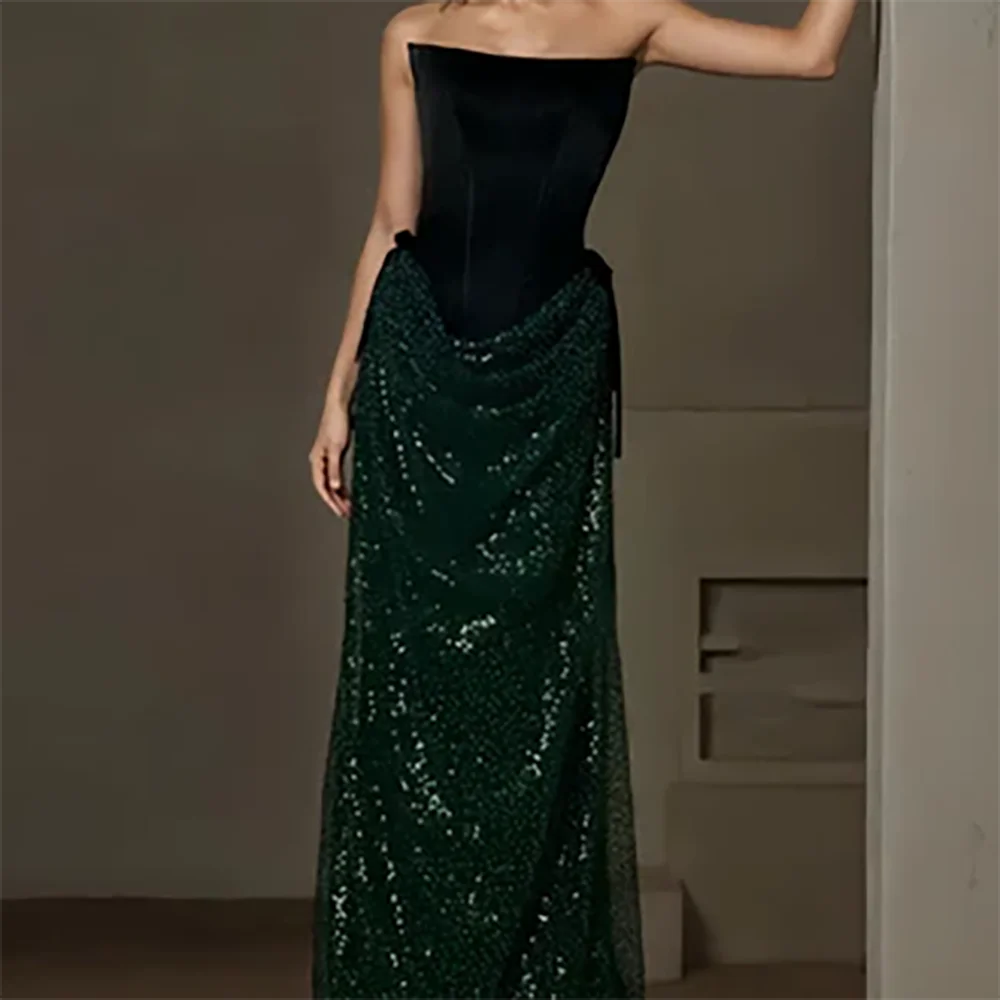 

Chic Strapless Satin Sequined Pleat Straight Formal Evening Dresses Birthday Party Prom Gowns Customized