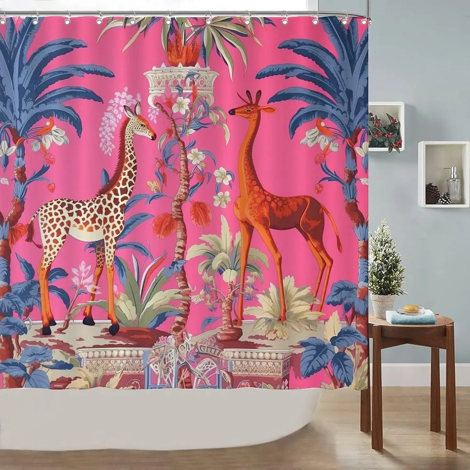 

Shower Curtain Chinese Hot pink Animal Flower Polyester Bathroom Decoration pink Giraffe Tree Flower Shower Curtain Asian Style