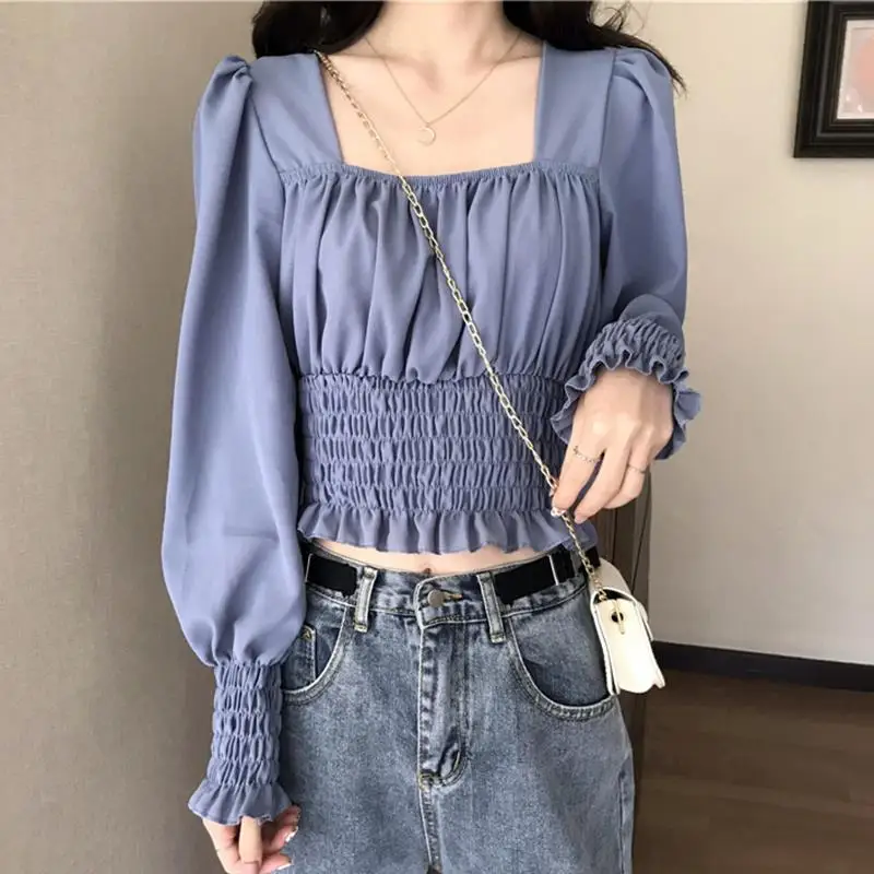 Spring Summer New Short Pleated Korean White Blouse Long Sleeve Solid Color All-match Shirt Tops Sweet Elegant Women Clothing