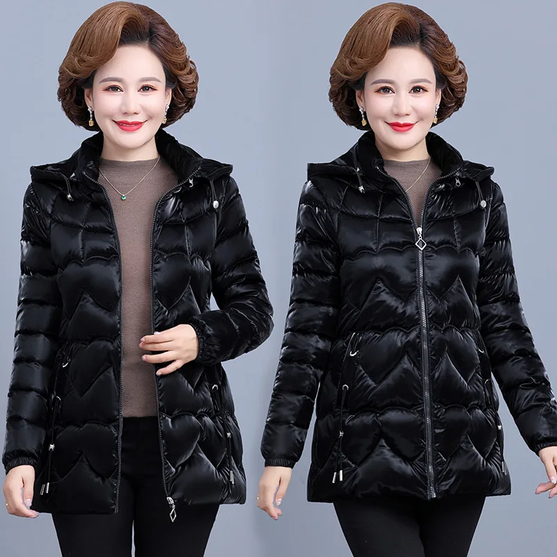 Middle-Aged Mother Winter Jacket Parkas Women 2025 New Glossy Down Cotton Jacket Hooded Parka Warm Casual Outwear Female Tops