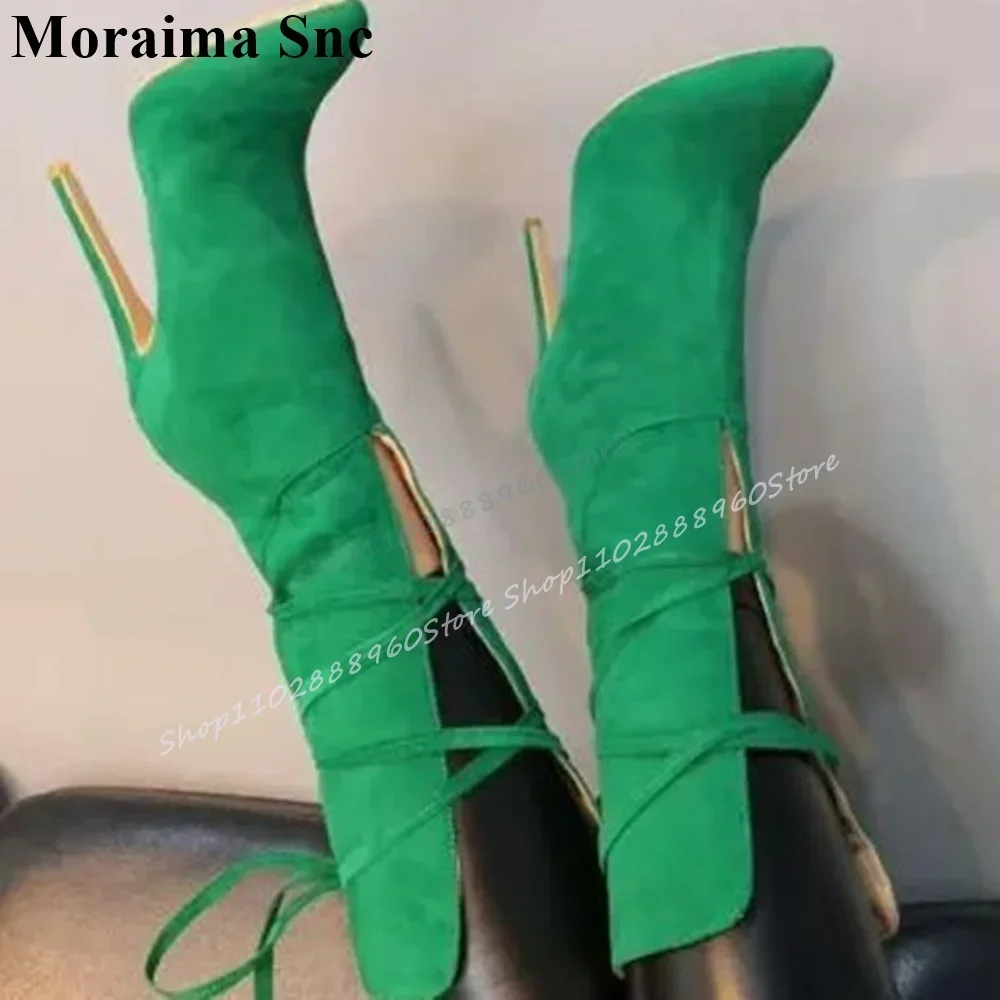 Trending Mid Calf Green Flock Solid Boots Thin High Heel Shoes For Women Lace Up Pointed Toe 2025 Fashion Zapatos Para Mujere