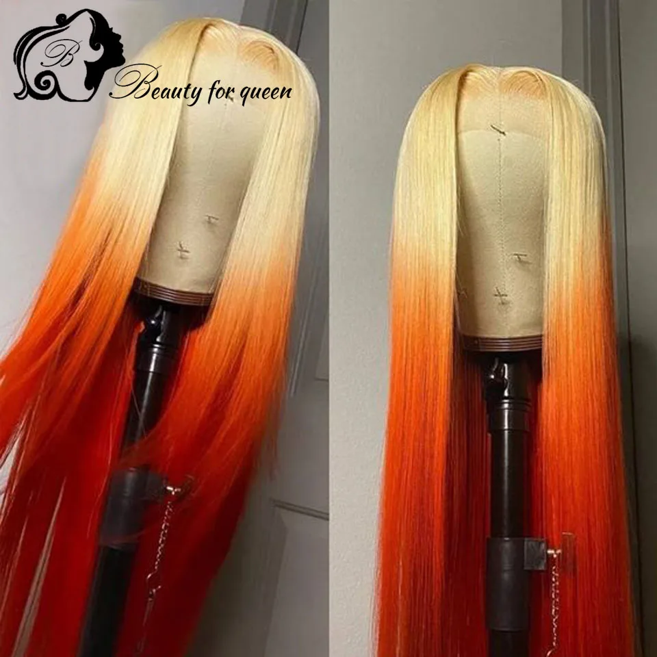 Peruka z ludzkich włosów z przezroczystą koronką typu lace front, żółto-pomarańczowa, 13x4, 100% ludzkie włosy, jakość włosów ludzkich, gęstość 180%, odpowiednia dla dziewcząt.