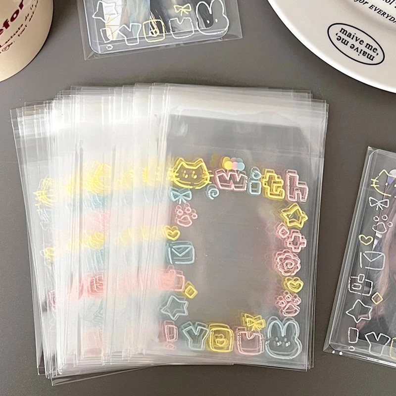 50Pcs Transparent Cute Graffiti Kitten Self-adhesive Opp Bag Kpop Idol Photo Cards Protective Storage Bag Photocard Card Sleeves