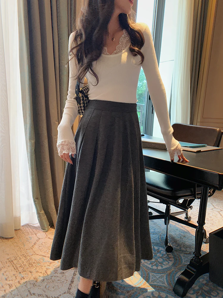 

Юбка миди с высокой талией, А-силуэт, шерстяная, плиссированная, осенне-зимняя, модная, универсальная, деловая, в корейском стиле, стройнящая