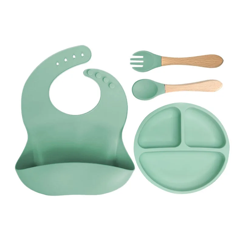 3/5/6Pcs Silicone Baby Feeding Set BPA Free Suction Bowl Divided Plate Wood Handle Spoon Fork Silicone Bibs Children Tableware