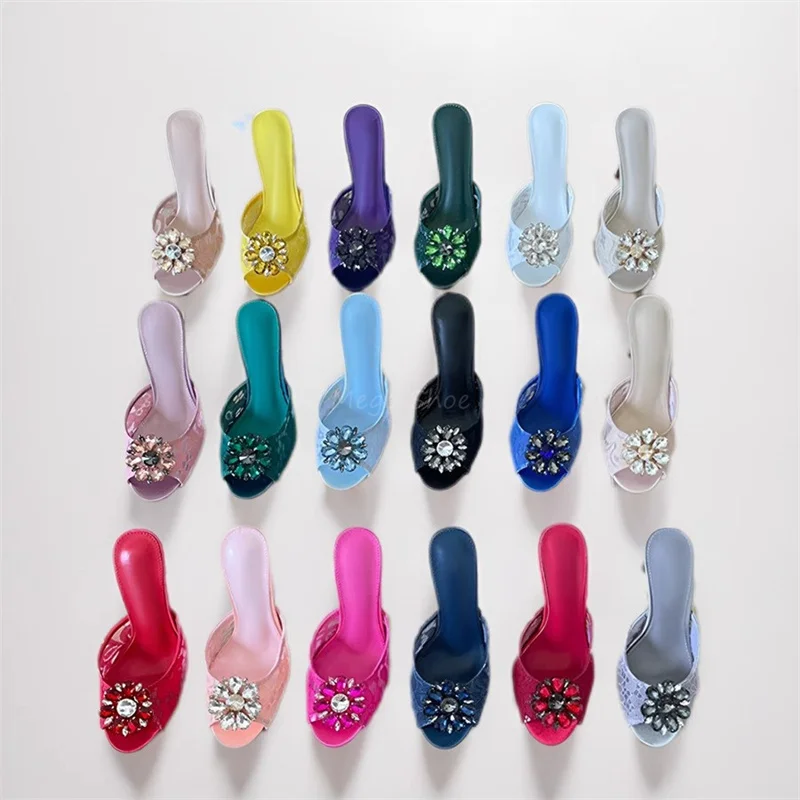 Lace Diamond Decor High Heels Slippers for Women New Fashion Thin Heel Lady Open Toe Half Shoes Outwear Sandals Large Size 41-43