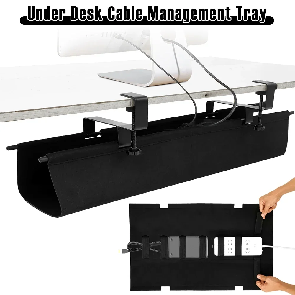 Kabelmanagement-Tablett unter dem Schreibtisch, kein Bohren, Kabel-Organizer unter dem Schreibtisch mit 2 Haken, Aufbewahrungsregal aus gewebtem Stoff für das Arbeitszimmer im Home Office
