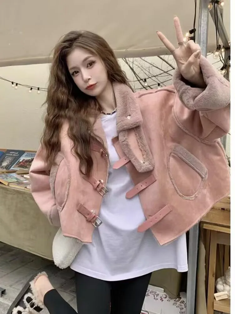 Autumn Winter Women Thick Warm PINK Faux Leather Shearling Short Jacket Ladies Vintage Coat Female Outerwear Chic Tops